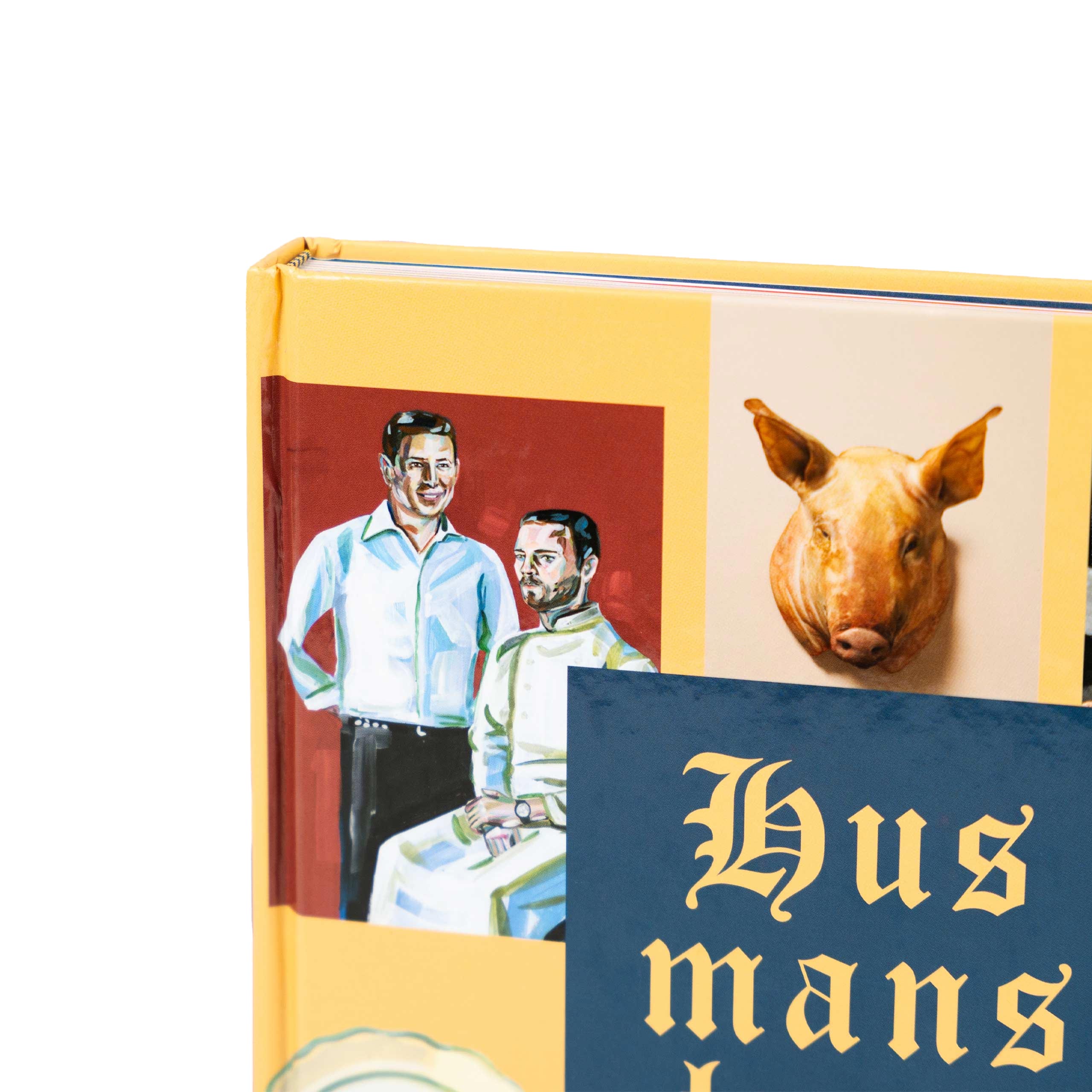 Close-up of the Husmanskost English edition cover showing Pontus Frithiof, Tor Stålhandske and iconic Swedish food illustrations.