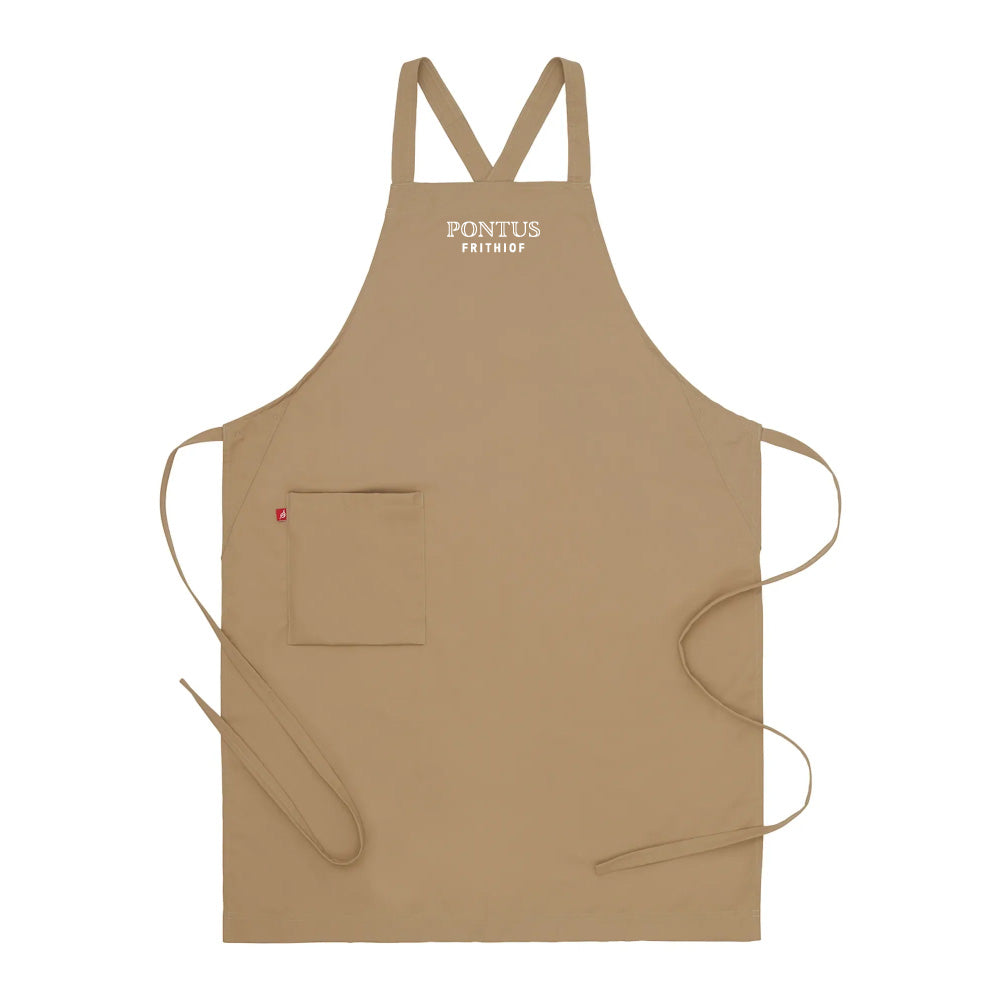 Khakifärgat sandfärgat kockförkläde i twill med Pontus Frithiof-logotyp, visat framifrån.