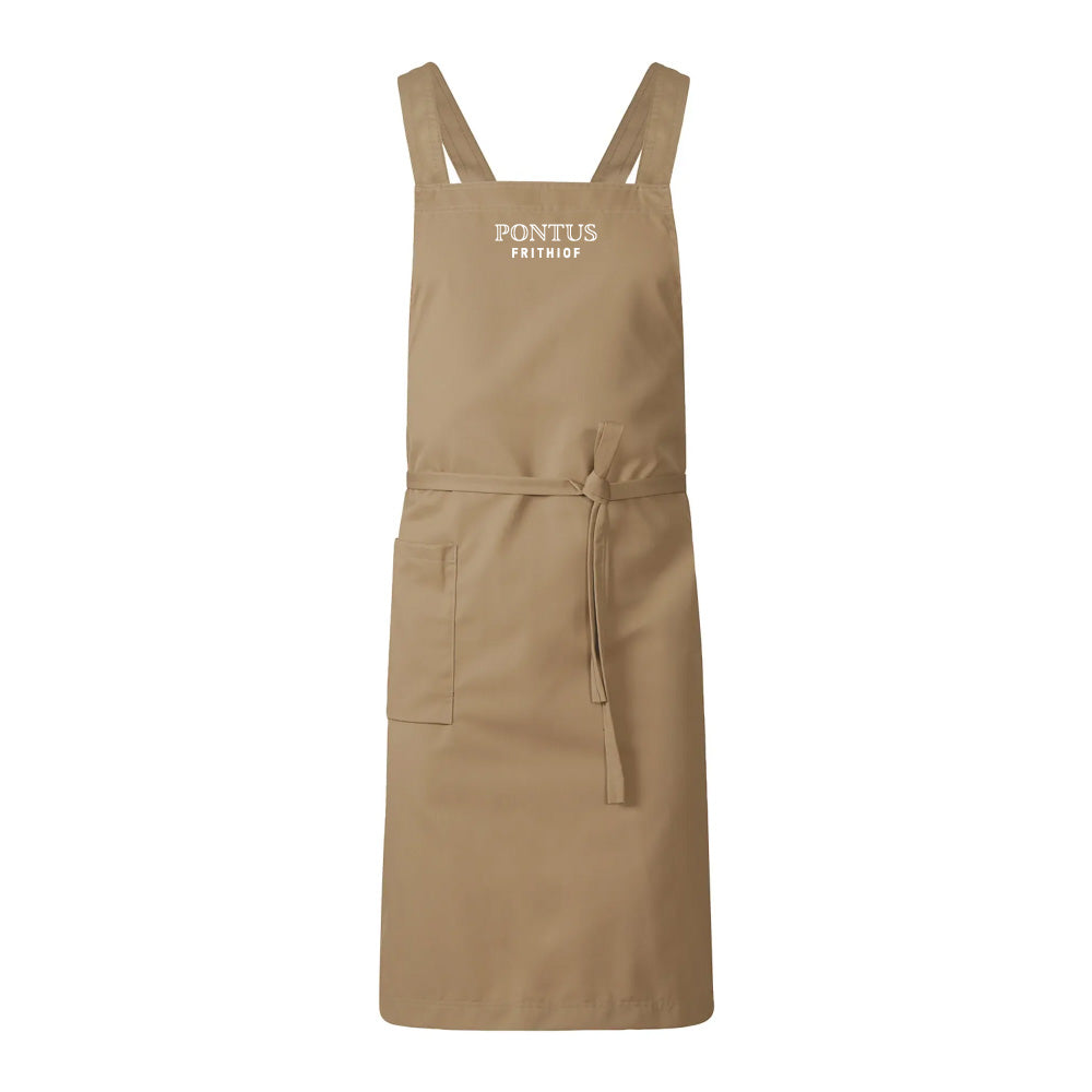Khakifärgat sandfärgat Pontus kockförkläde med ergonomiska axelband, helfigur framifrån.