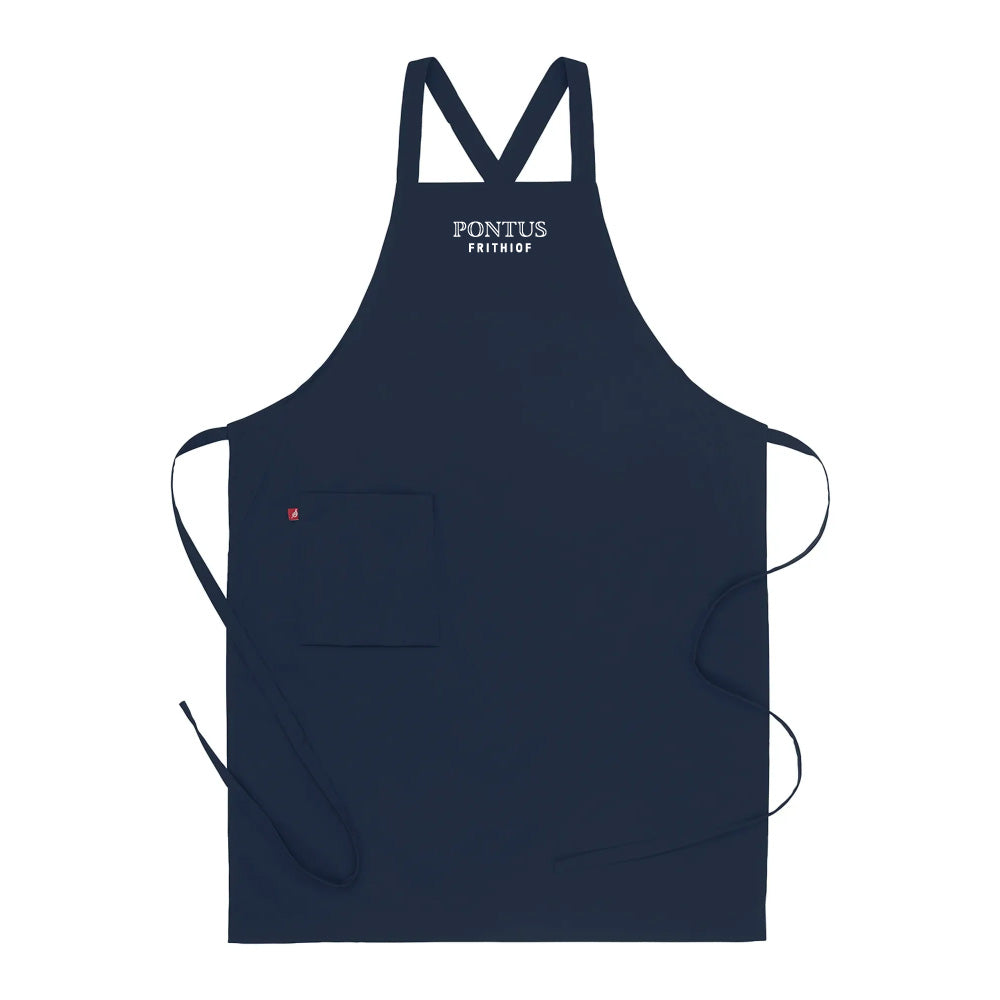 Kockförkläde i marinblå twill med Pontus Frithiof-logotyp, visad framifrån.