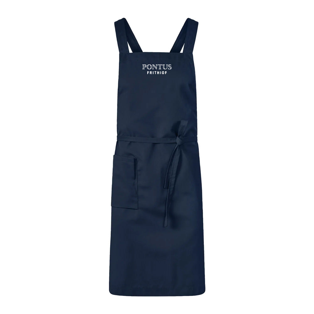 Marinblått Pontus kockförkläde med ergonomiska axelband, helfigur framifrån.
