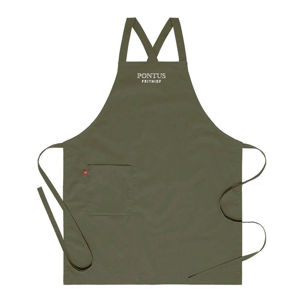 Olivgrönt kockförkläde i twill med broderad Pontus Frithiof-logotyp, visat framifrån.