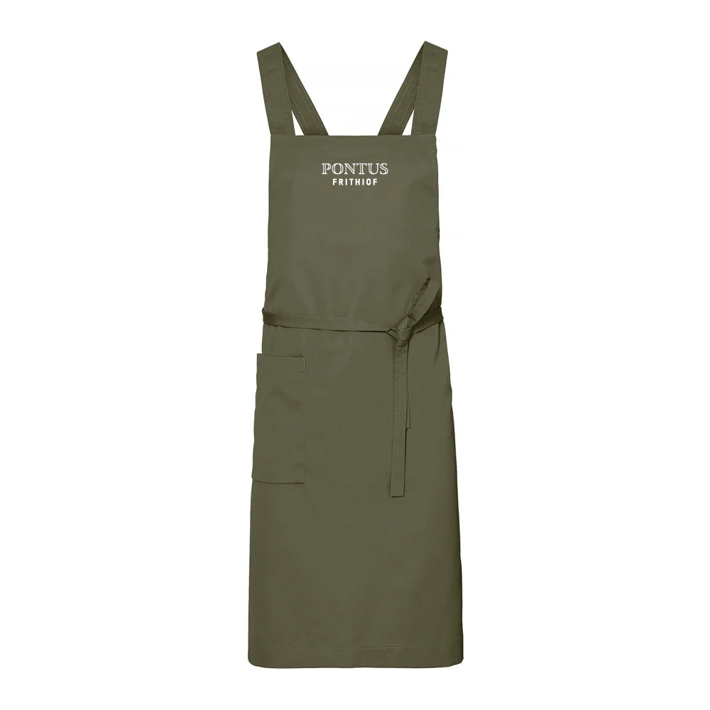 Olivgrönt Pontus kockförkläde med ergonomiska axelband, helfigur framifrån.